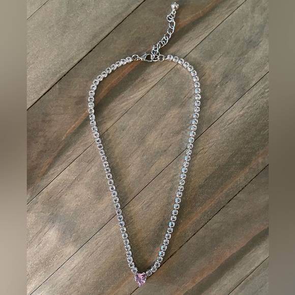 Pink Heart Gemstone, Simulated Cz Rhinestone Tennis, Bridal, Glamorous Necklace - Picture 10 of 15
